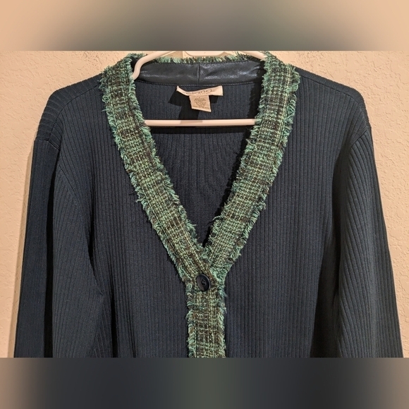 Elana By Tanner Vintage Turquoise Silk Knit Ribbed Cardigan Grandma 80s - Picture 4 of 7